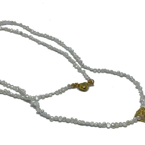 Håndlavet lang unika ferskvandsperle perlekæde, med shell perle dråbe og forgyldt messing vedhæng, og hjerte magnet lås.