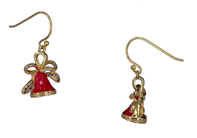 Jule-øreringe, med juleklokker og Cubic Zirconia, og enamel, emalje i forgyldt messing, med Sterling sølv-ørekrog