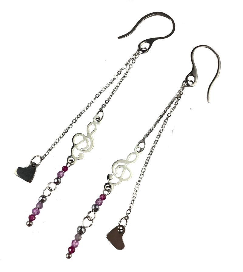 Håndlavet lange kæde øreringe med node og hjerte, Rubin, krystaller og Ametyst i rustfri stål.