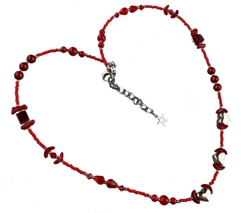 Halskæde / armbånd, med kora, Toho glasperler, og rustfri stål hjerte perler